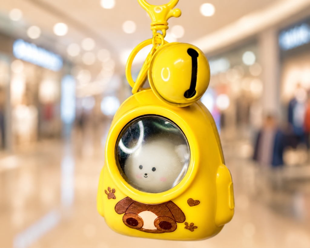 Cute Bear Keychain with Bell and Magnifying Window, Yellow