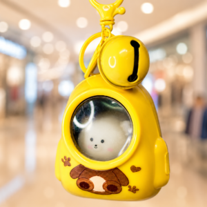 Cute Bear Keychain with Bell and Magnifying Window, Yellow